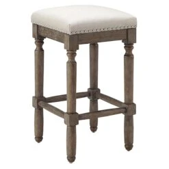 Ainsley Upholstered Tan Wood Counter Stool With Nailhead Trim, 26"
