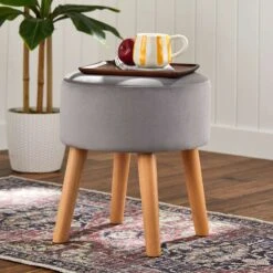 Emmy Grey Velvet Round Wood Leg Ottoman -Family Home Furn Store emmy grey velvet round wood leg ottoman 4