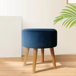 Emmy Navy Blue Velvet Round Wood Leg Ottoman -Family Home Furn Store emmy navy blue velvet round wood leg ottoman 4