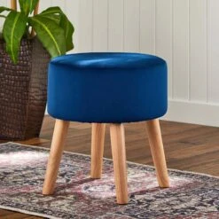 Emmy Navy Blue Velvet Round Wood Leg Ottoman -Family Home Furn Store emmy navy blue velvet round wood leg ottoman 5