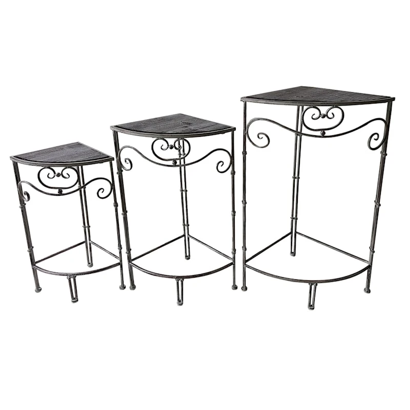 Fan Shaped Wood Top Plant Stand With Rustic Double Tube Metal Leg, Large 3 Fan Shaped Wood Top Plant Stand With Rustic Double Tube Metal Leg, Large