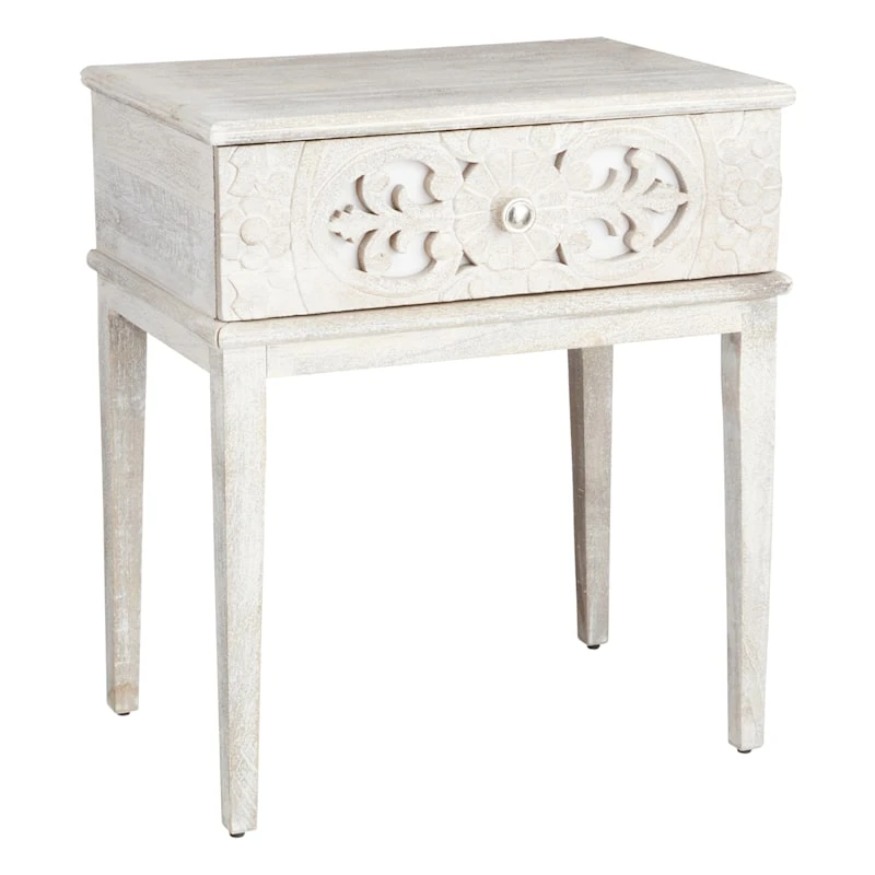 Found & Fable Grey Wash Carved Single Drawer Nightstand 3 Found & Fable Grey Wash Carved Single Drawer Nightstand