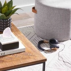 Honeybloom Rica Textured Pouf With Faux Leather Handles, Grey -Family Home Furn Store honeybloom rica textured pouf with faux leather handles grey 4