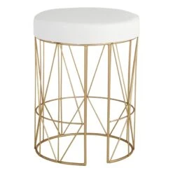 Keira Glazed Gold Wire Vanity Stool & Padded White Faux Leather Seat