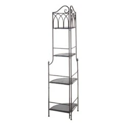 Metal Corner Rack With Brown Decorative Arch & Folding Wood-Top Shelves, 63" -Family Home Furn Store metal corner rack with brown decorative arch folding wood top shelves 63 2