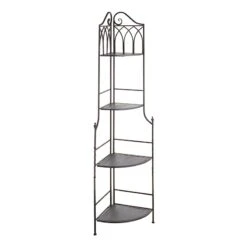 Metal Corner Rack With Brown Decorative Arch & Folding Wood-Top Shelves, 63"