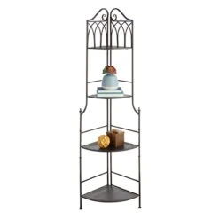 Metal Corner Rack With Brown Decorative Arch & Folding Wood-Top Shelves, 63" -Family Home Furn Store metal corner rack with brown decorative arch folding wood top shelves 63 5