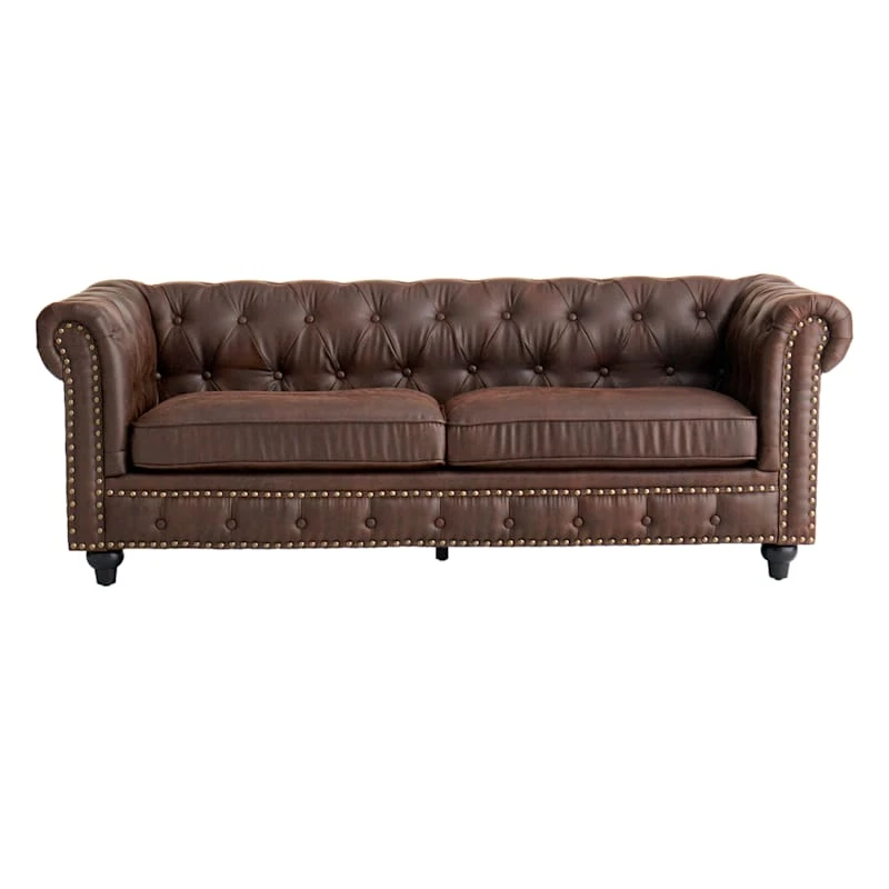 Providence Chesterfield Brown Faux Leather Tufted Sofa, 79" 5 Providence Chesterfield Brown Faux Leather Tufted Sofa, 79" - Image 3
