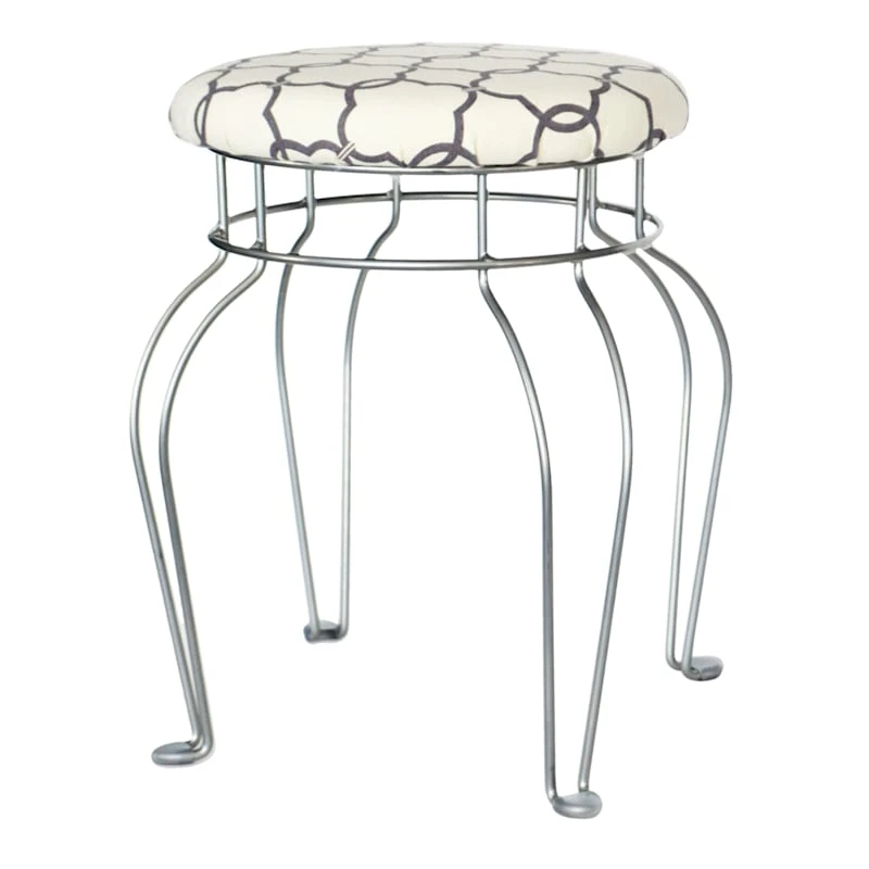 Quatrefoil Silver Wire Vanity Stool/Ivory Printed Fabric Seat 3 Quatrefoil Silver Wire Vanity Stool/Ivory Printed Fabric Seat