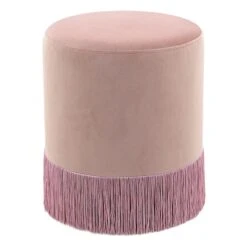 Round Ottoman With Fringe, Blush Velvet
