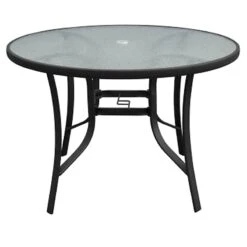 Round Water Wave Glass Top Outdoor Dining Table, Black -Family Home Furn Store round water wave glass top outdoor dining table black 1
