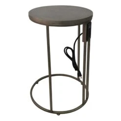 Round Wood & Gold Metal C-Table With Usb Port, Large