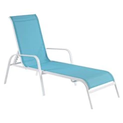 Stackable Aquarelle Blue Sling Outdoor Chaise Lounge Chair With White Frame