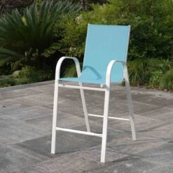 Stackable Aquarelle Blue Sling Patio Barstool With White Frame -Family Home Furn Store stackable aquarelle blue sling patio barstool with white frame 6