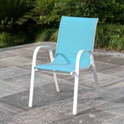 Stackable Aquarelle Blue Sling Patio Chair With White Frame -Family Home Furn Store stackable aquarelle blue sling patio chair with white frame 6