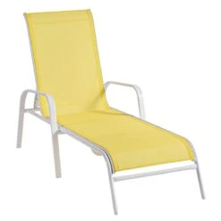 Stackable Yellow Sling Outdoor Chaise Lounge Chair With White Frame -Family Home Furn Store stackable yellow sling outdoor chaise lounge chair with white frame 3