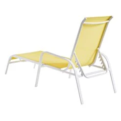Stackable Yellow Sling Outdoor Chaise Lounge Chair With White Frame -Family Home Furn Store stackable yellow sling outdoor chaise lounge chair with white frame 4