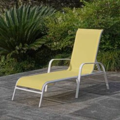Stackable Yellow Sling Outdoor Chaise Lounge Chair With White Frame -Family Home Furn Store stackable yellow sling outdoor chaise lounge chair with white frame 6