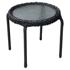 Tempered Glass Top Outdoor Wicker End Table, Black