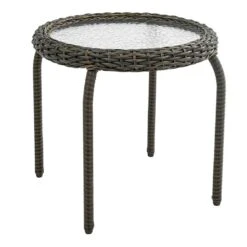 Tempered Glass Top Outdoor Wicker End Table, Brown