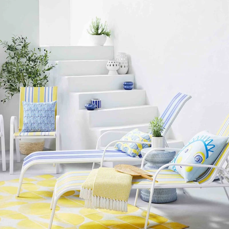 Tracey Boyd Stackable White & Blue Caprice Striped Sling Outdoor Chaise Lounge Chair 4 Tracey Boyd Stackable White & Blue Caprice Striped Sling Outdoor Chaise Lounge Chair - Image 2